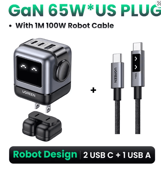 UGREEN 65W Robot , Carga Rapida, PD3.0, 2 USB C + 1USB A